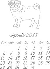 Creative vector free hand drawn doodle monthly spanish calendar template for year 2018 with illustration of different dogs pedigrees. Lettering, typeface. August, pug. Editable.