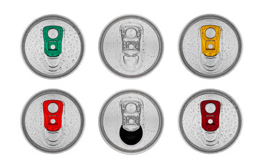 Aluminium soda drink tins top view with dew drops