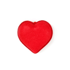 red textile heart on a white background isolated, valentines day holiday concept flat lay