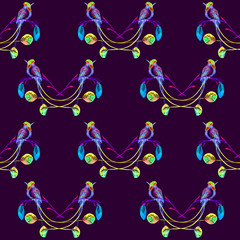 Hummingbird sitting on pink flower, , seamless pattern design, hand painted watercolor illustration, dark background