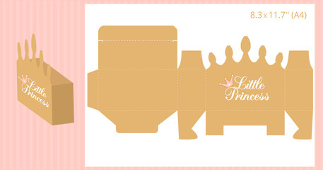 Gift box - gold crown shape. Vector template for handmade and laser cutting. Can be used for little princess party. Birthday, baby and bridal shower, wedding candy bar ( table, buffet) Print and cut.