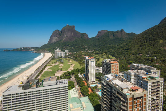 View of Sao Conrado Neighborhood and Beach with Pedra da Gavea Mountain in the Horizon, in Rio de Janeiro, Brazil