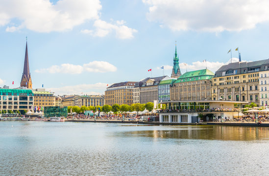 View of the old town in Hamburg behind binnenalster lake, Germany