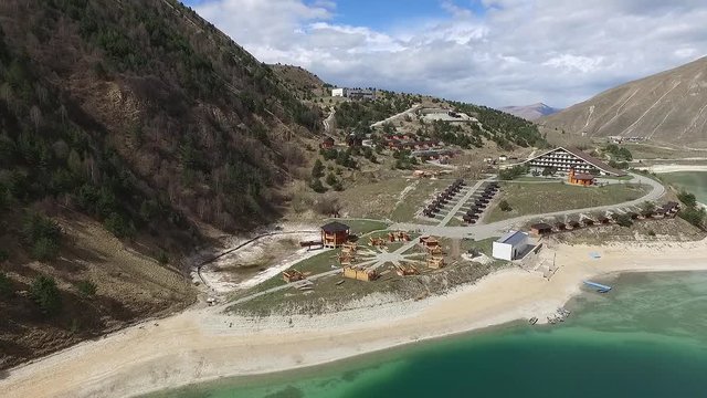 Hotel complex on the shore of Lake Kezenoy am. Chechen Republic. Russia
