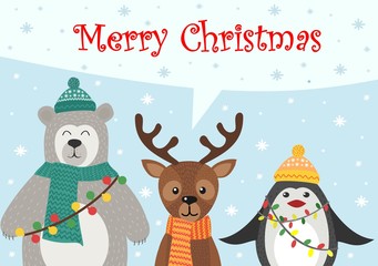 Greeting card with Christmas and new year. Christmas animals greetings. In the style of children's cartoons.