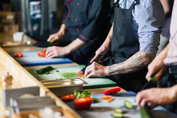 Foto op Plexiglas chef cooking food kitchen restaurant cutting cook hands hotel man male knife preparation fresh preparing concept - stock image © alfa27