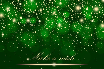 Vector gold glitter particles background effect for luxury greeting rich card. Sparkling texture. Star dust sparks in explosion on green background. Vector illustration