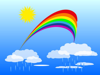 Vector color rainbow on a blue cloudy sky