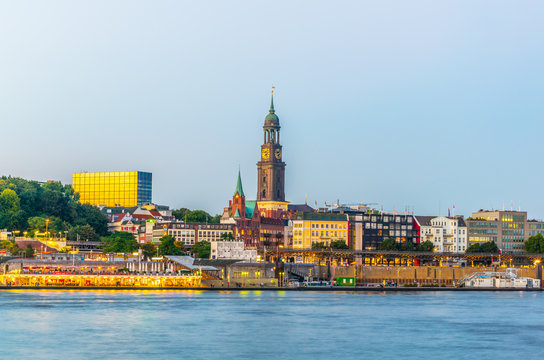 Elbe riverside in Hamburg with saint michaelis church, Germany.