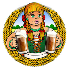 Sexy fat girl in Bavarian traditional dress offers a dark beer in glass mugs. Emblem, logo, icon.