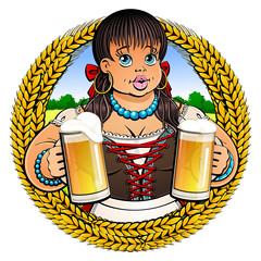 Sexy fat girl in Bavarian traditional dress offers a light beer in glass mugs. Emblem, logo, icon.