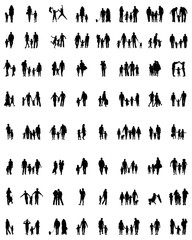 Black silhouettes of families in walking on a white background