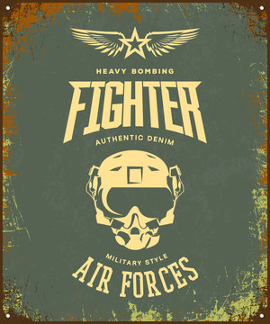 Vintage Fighter Pilot Helmet Vector Logo Isolated On Khaki Background.