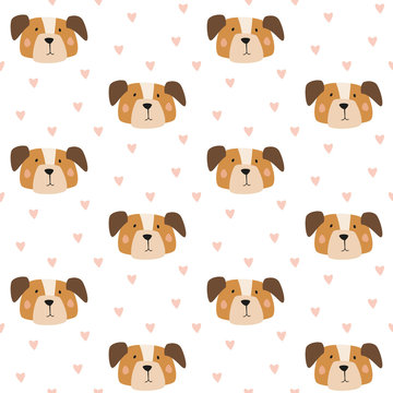 Seamless pattern with cartoon dogs on the white background.
