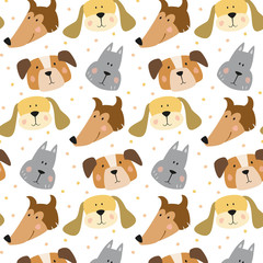 Seamless pattern with cartoon dogs on the white background.