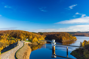 View of Gileppe Dam, an arch-gravity dam and its two 2.8m wells on the Gileppe river in Jalhay,...