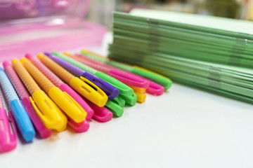 Fototapeta premium A pencil case, pens, pencils, notebook, notebooks lie on the table.