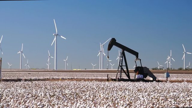 Cotton Field Oil Fracking Pump Jack Wind Turbine Energy Production