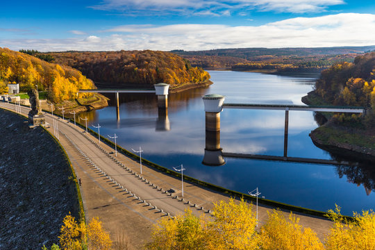 View Of Gileppe Dam, An Arch-gravity Dam And Its Two 2.8m Wells On The Gileppe River In Jalhay, Liege Province, Wallonia, Belgium