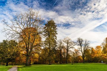 Naklejka premium Park in the Val-Dieu (Valley of God) Abbey, a former Cistercian monastery in the Berwinne valley near Aubel in the Land of Herve (province of Liege, Belgium) in autumn