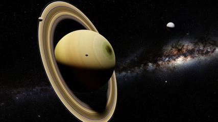 the planet Saturn with moons including Enceladus and the Milky Way - obrazy, fototapety, plakaty