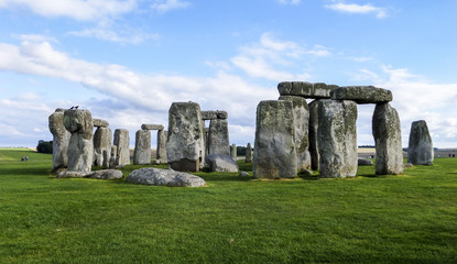 Stonehenge prehistoric monument,  blue sky - Wiltshire, Salisbury, England, UK