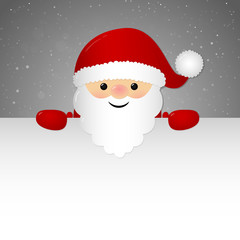 Merry Santa Claus holding a card with copyspace for Christmas wishes. Vector.