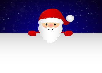 Merry Santa Claus holding a card with copyspace for Christmas wishes. Vector.