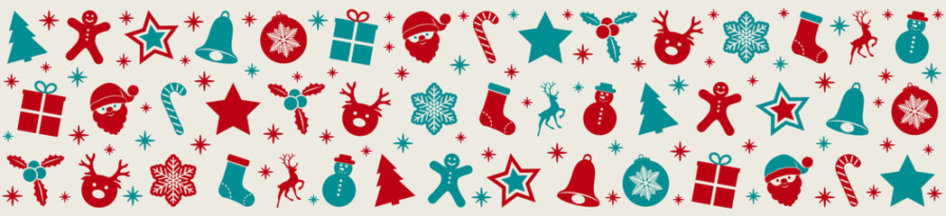 Panoramic banner with red and green Christmas icons. Vector.