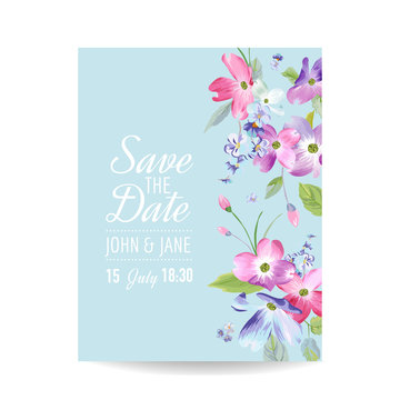 Wedding Invitation Template with Spring Dogwood Flowers. Romantic Floral Greeting Card for Celebration. Watercolor Botanical Design. Vector illustration