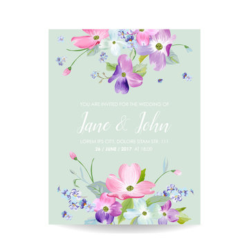 Wedding Invitation Template with Spring Dogwood Flowers. Romantic Floral Save the Date Greeting Card for Celebration. Watercolor Botanical Design. Vector illustration