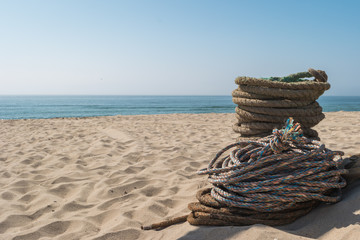 Ropes used for artisanal trawling fishing. Ropes for the Arte Xavega fishing technique on the beach of Paramos, Espinho, Portugal. Typical in this region of Portugal.