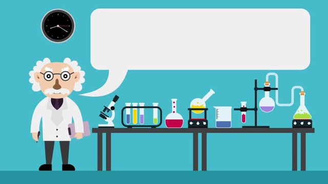 Scientist working in the laboratory. Scientist with report and pen in hand, blinking. A chemical laboratory. Animation of the scientist, forms of speech clouds. Education and science. Flat design.