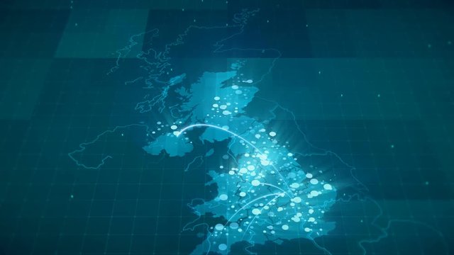 This animated blue Greit Britain map with connections between important centers of cities or other indicators. Perfect For: hi-tech promotion, dynamic slideshows,, trailers, sci-fi openers and etc.