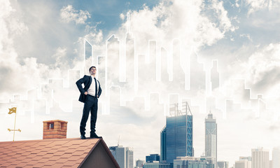 Mister boss on brick roof with arms akimbo. Mixed media