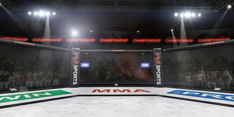 mma fighting stage side view under lights 3d rendering