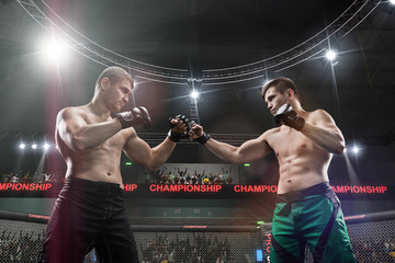 two mma fighters standing in fighting stance ready to fight in mma cage close-up