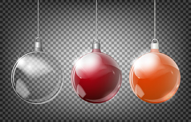 Xmas glass ball on transparent background. Vector Christmas ball decoration template