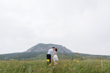 Fototapeta na wymiar Newlyweds in the middle of a green field kiss on the background of a mountain