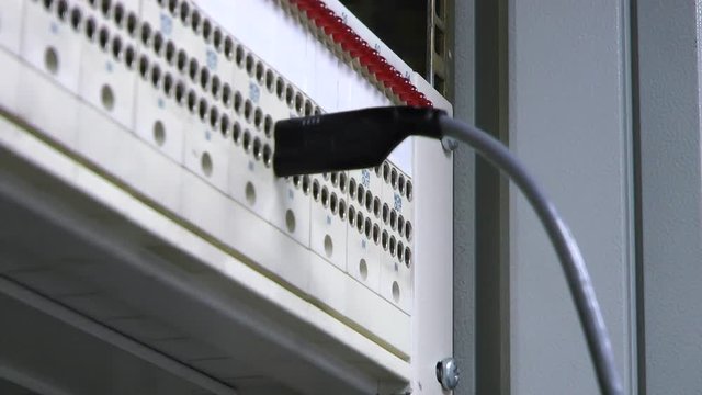 Patch panel, engineer insert-remove patch cord. Hands.