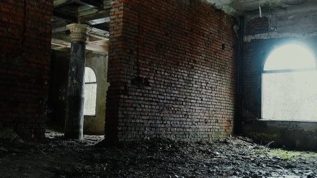 Contrast destruction. Right room of abandoned building is unimpressive (brick wall and mud), left holds graceful ionic column, cross arch. Drops
