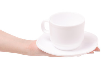 White cup and saucer in a female hand