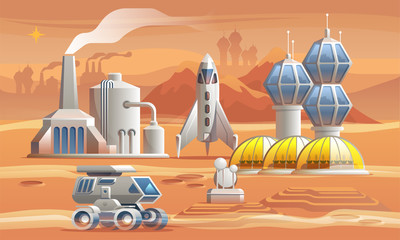 Human colonizators on Mars. Rover drives across the red planet near factory, greenhouse and spaceship © pavelvinnik