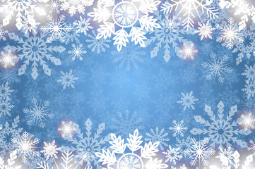 Blue snowy background white snowflakes. Winter holidays and Christmas vector illustration with white snowflakes.