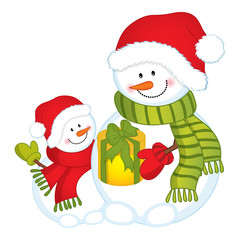 Vector Cute Snowmen in Red Hats and Gift Box