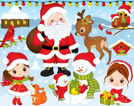 Vector Christmas and New Year Set with Santa, Little Girls, Deer, Owls and Winter Elements