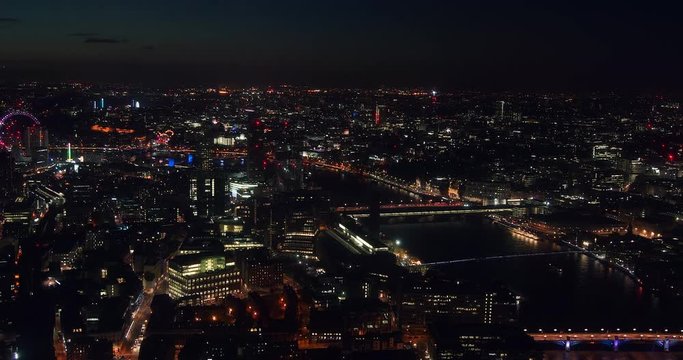 Aerial shot of Central London with view of the River Thames,time lapse, night view