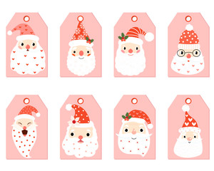 Cut vector gift tags in pink and red colors with cartoon hipster Santa faces