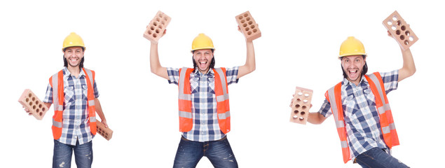 Builder with clay bricks isolated on white