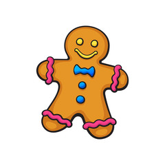 Vector illustration. Christmas cookies Gingerbread man. Tradition New year biscuit ginger man. Cartoon with contour. Isolated on white background. Decoration for prints, greeting cards, wallpapers